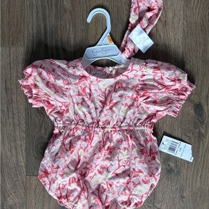 Jessica Simpson Pink and White Floral Baby Short Sleeve Bubble Romper 12m